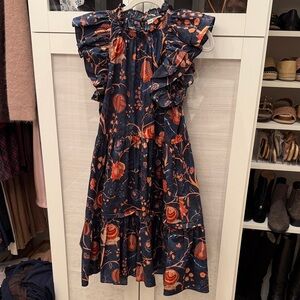 Ulla Johnson Floral Ruffle Dress in Navy and Orange